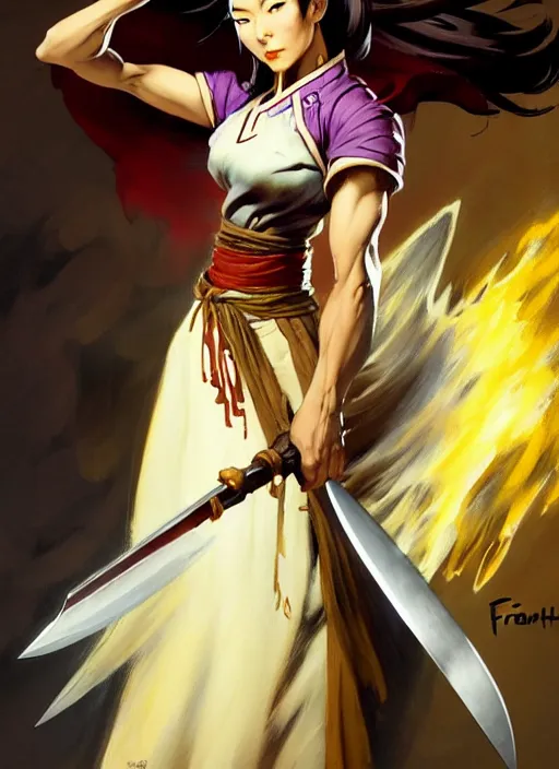 Prompt: magic : the gathering fantasy character concept art by frank frazetta and marco bucci, high resolution. a clear portrait of a stunning female south korean chef, wearing a beautiful hanbok apron, holding a kitchen knife, radiating powerful energy in the background, fantasy coloring, intricate, digital painting, artstation, smooth, sharp focus