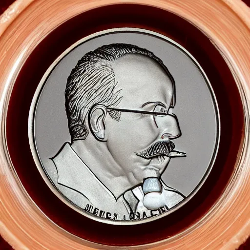 Prompt: A photograph of a high quality swiss chocolate coin that is engraved with a portrait of a young leon redbone smoking a cigar, highly detailed, close-up product photo, depth of field, sharp focus, appetizing, foil nearby