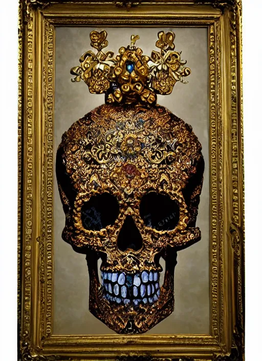 Image similar to baroque ornate gothic gold skull painting covered in jewels