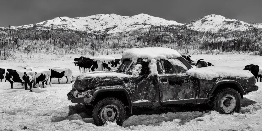 Image similar to a geo tracker parked in snow, surrounded by a herd of cows, photography