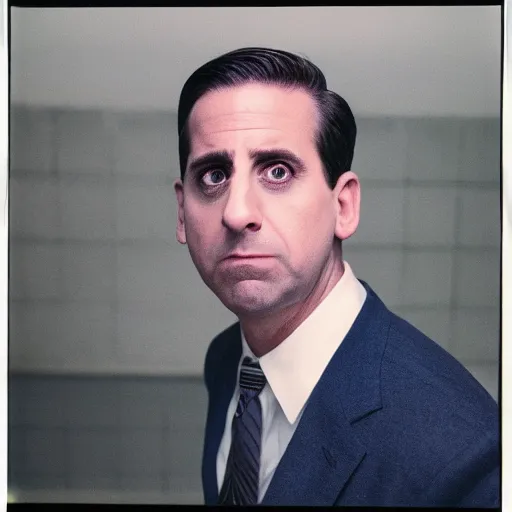 Image similar to Michael Scott as a prison inmate, 4K, Pentax K1000, Expired Burned Film from 1930s, Softbox Lighting, 85mm Lens