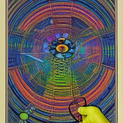 Prompt: A experimental art. A rip in spacetime. Did this device in her hand open a portal to another dimension or reality?! by Paul Laffoley, by Louis Comfort Tiffany saturated