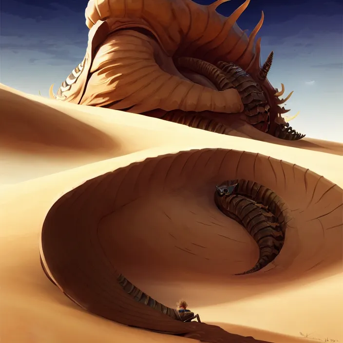 Prompt: style artgerm, joshua middleton, hubert robert, a giant sandworm creature in the desert, long sharp teeth, sand swirling, detailed, desert background setting, volumetric lighting