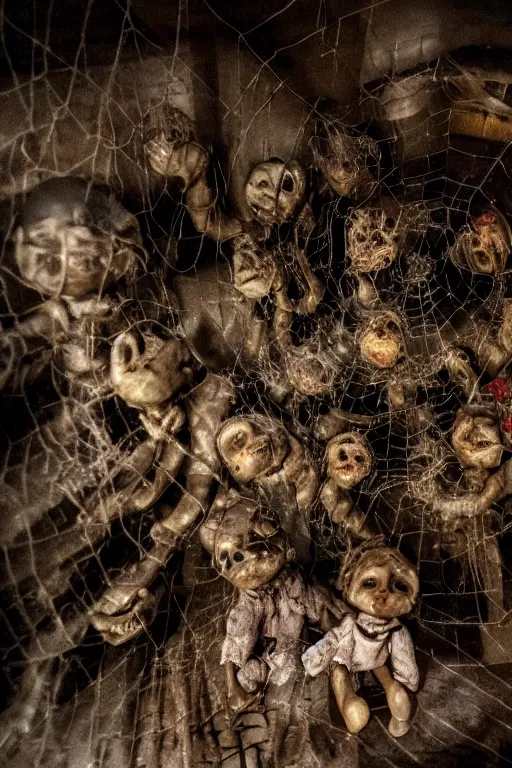 Image similar to dirty cracked screaming vintage doll maggots in eyes in darkly lit dusty basement cobwebs blair witch style photo