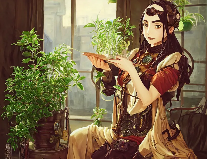 Image similar to middle eastern scifi alchemist in a well lit study with potted plants, wearing a lovely dress with steampunk details. this oil painting by the award - winning mangaka has an interesting color scheme and impeccable lighting.