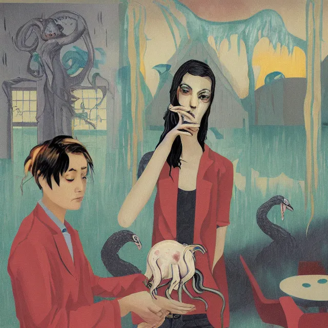 Image similar to tall female emo artist holding an octopus in a flooded cafe, bagels, pigs, water gushing from ceiling, painting of flood waters inside a cafe, a river flooding indoors, pomegranates, pigs, ikebana, water, octopus, river, rapids, waterfall, black swans, zen, canoe, berries, acrylic on canvas, surrealist, by magritte and monet