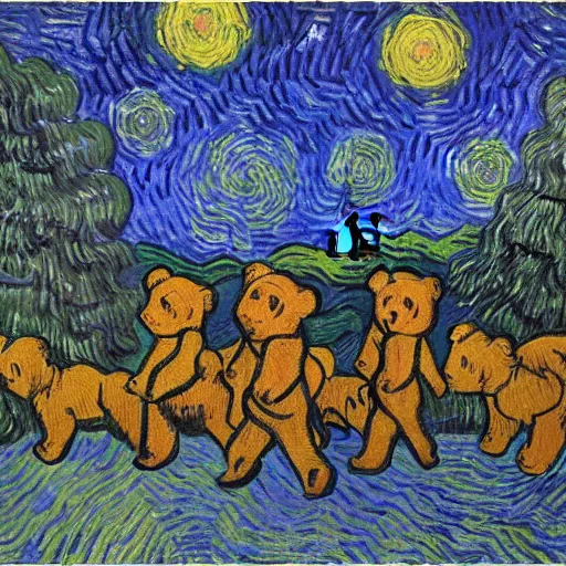 Image similar to painting of a teddy bear parade through a forest at night by Vincent Van Gogh