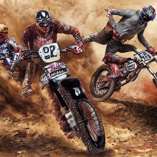 Image similar to erzberg rodeo off road motorcycle race in a dante's inferno, realistic painting art, super detailed, 2 riders are chasing each other