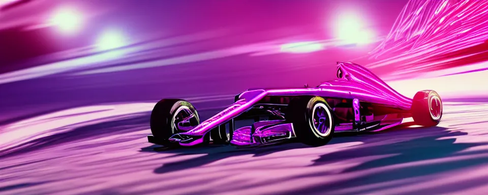 Image similar to abstract illustration of a formula one car, synthwave, purple and pink, motion blur, light streaks, octane render, depth of field