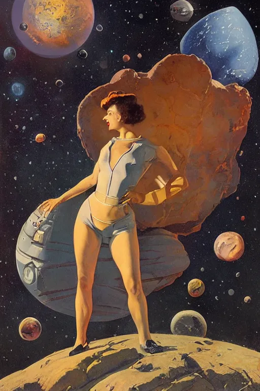 Image similar to 5 0 s pulp scifi fantasy illustration full body portrait slim woman on rocky mars, background of spaceship space nebula, by norman rockwell, roberto ferri, daniel gerhartz, edd cartier, jack kirby, howard v brown, ruan jia, tom lovell, frank r paul, jacob collins, dean cornwell, astounding stories, amazing, fantasy, other worlds