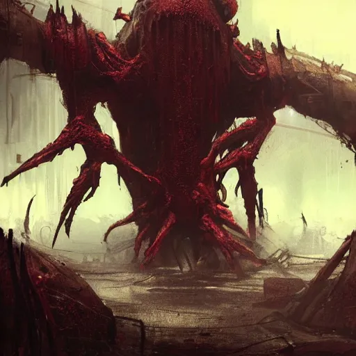 Prompt: concept art by greg rutkowski, hideous and vicious monsters made of reddish ooze, roaming the colony, looking rabid, in a claustrophobic, futuristic and brutalist environment, frightening and creepy atmosphere, scifi, highly detailed portrait, digital painting, artstation, concept art, smooth, sharp foccus ilustration, artstation hq