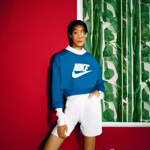 Image similar to realistic! photoshoot for a new nike lookbook, color film photography, portrait of a beautiful model, photo in style of wes anderson, 35mm