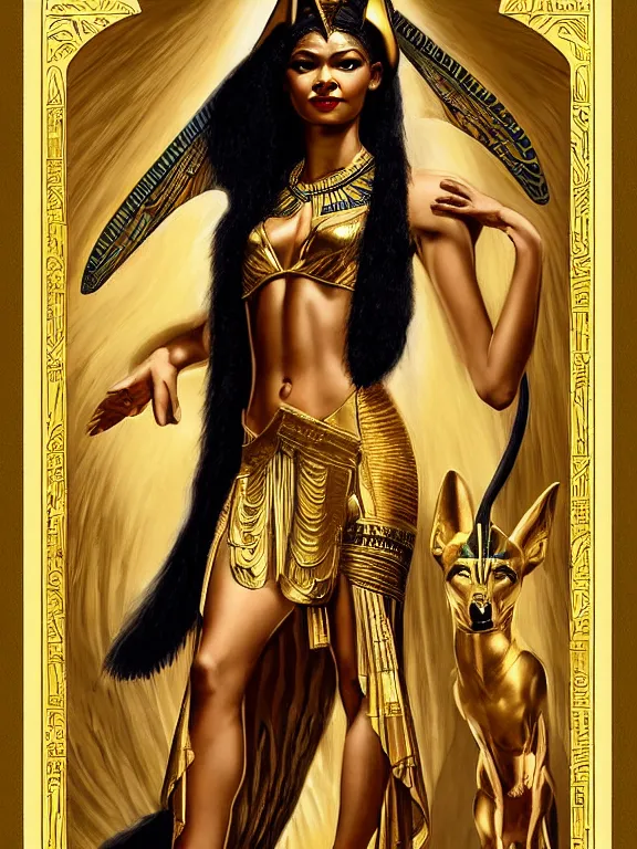 Image similar to zendaya as the Egyptian goddess Anubis the scales of life and death, a beautiful art nouveau portrait by Gil elvgren, Nile river environment , centered composition, defined features, golden ratio, gold jewelry