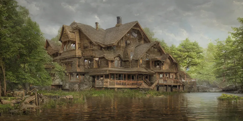 Image similar to an oil painting of a lakehouse, masterpiece, highly detailed, high quality, 4 k, anatomically correct, hyperrealistic, concept art, octane render, unreal engine 5, trending on artstation, trending on deviantart, matte, historical painting, fantasy style, path traced, high coherence, soft lighting, digital painting, mythical