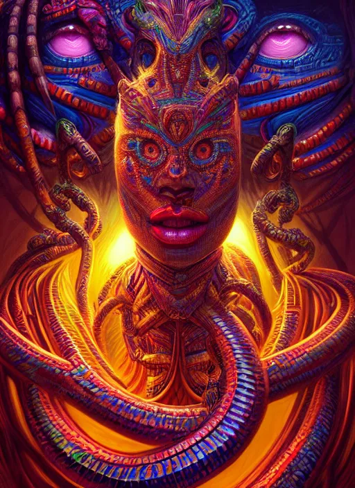 Image similar to hyper detailed ultra sharp 3 d render like a oil painting aztec serpent warrior princess, fractal plane, deep voyage, parallel existence, earthwave, colorful, neon, ornate, intricate, digital painting, concept art, smooth, sharp focus, illustration, art by artgerm and greg rutkowski and h. r. giger, 8 k