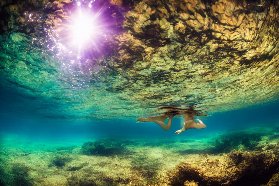 Prompt: wide angle view, underwater looking up, woman model swimming in large tall rock trench , toward the sun rays and caustics, film , cinematic, underwater photography