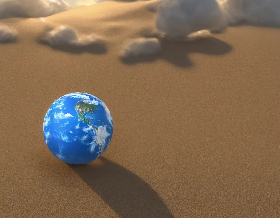 Image similar to 3 d rendering o photorealistic flying sandy beach sphere / planet, beautiful soft lighting, fluffy clouds