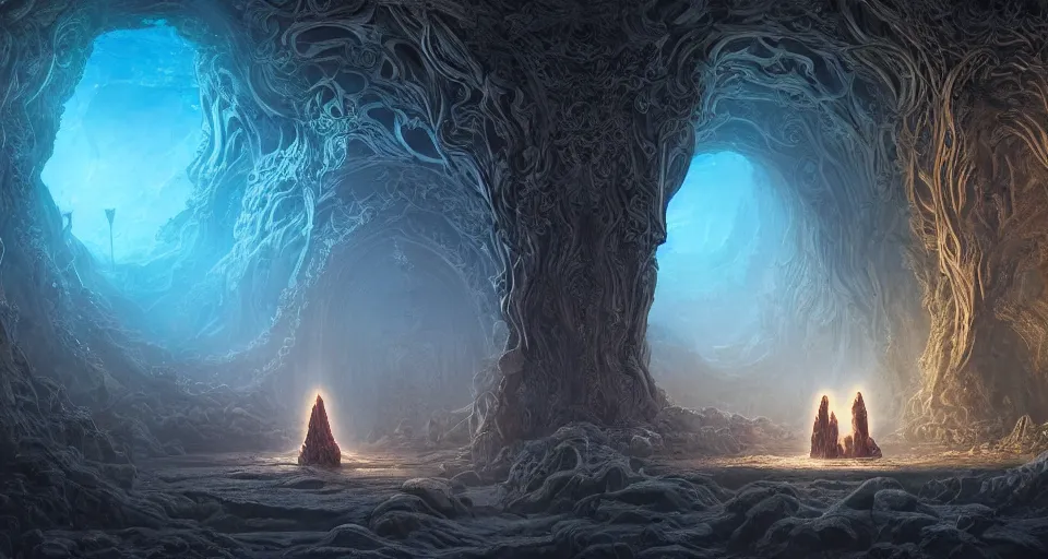 Prompt: beautiful detailed digital matte painting of a massive stone arched glowing electric portal to a magical astral dimension, carved vine-wrapped temple ruins, robed cultists kneeling, by Raphael LaCoste and Anato FinnStark and Robert Hubert and Justin Gerard, epic architecture, diffusive magic, carved stone, intricate detail, gothic, romanesque, futuristic, dark rainbow