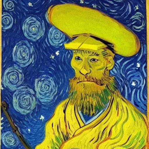 Prompt: ghost wearing a party hat and holding a sword in a japanese garden, van gogh painting,