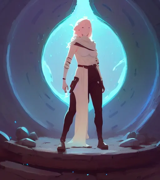 Image similar to a full body portrait of a female mage, d & d, fantasy, standing near a portal by atey ghailan, by greg rutkowski, by greg tocchini, by james gilleard, by joe fenton, by kaethe butcher, dynamic lighting, gradient light blue, brown, blonde cream and white color scheme, grunge aesthetic