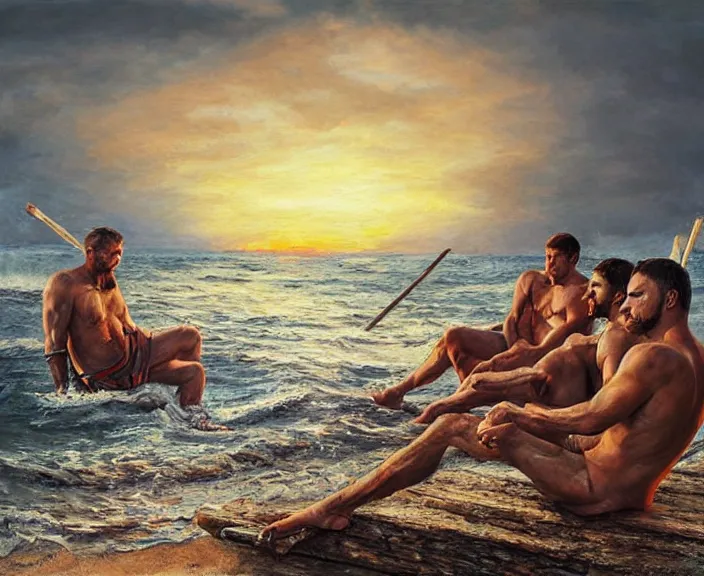 Image similar to barbarian men wait patiently for sunset, art by denys tsiperko and bogdan rezunenko, hyperrealism