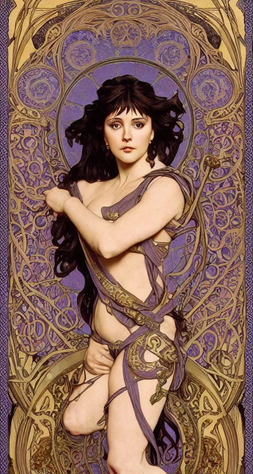 Prompt: Xena Warrior Princess, in the style of Art Nouveau, full-body, bloom, dynamic poses, diaphanous cloth, ornate, filigree, arcane, cinematic lighting, by Alphonse Mucha, by Artgerm, by Bouguereau, by Sakimichan, fantasy, portfolio illustration, highly detailed, trending on Artstation, CGsociety, HQ, 8k, 35mm lens, f2.8, Bokeh,