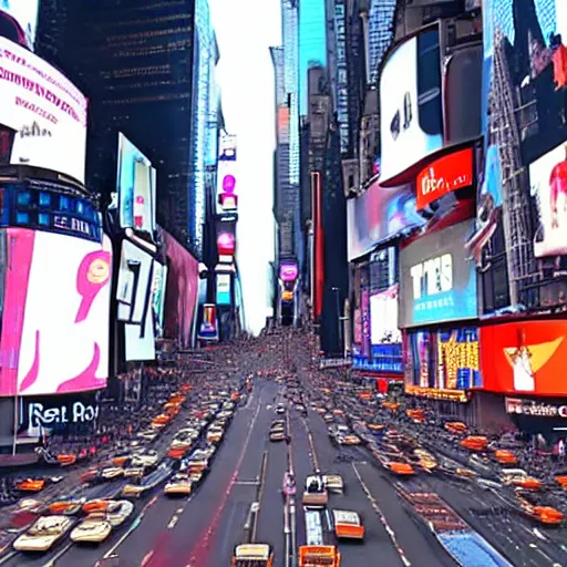 Image similar to cctv footage of times square, high angle security camera feed, blurry and glitchy,