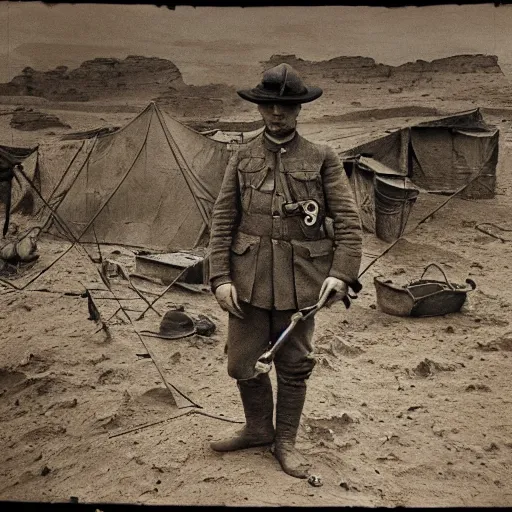 Prompt: ultra detailed photorealistic sepia - toned photograph from 1 9 1 7, a british officer in field gear standing at an archaeological dig site in wadi rum, ultra realistic, painted, intricate details, lovecraft, atmospheric, dark, horror, brooding, highly detailed, by angus mcbride