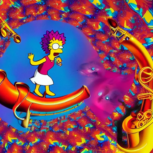 Image similar to Lisa Simpson falling into a giant saxophone, psychedelic art, uhd, matte painting