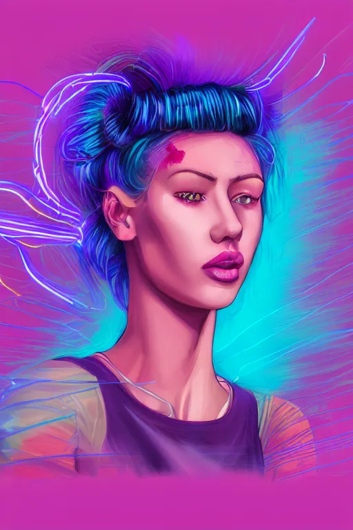 Image similar to a award winning half body portrait of a beautiful woman in a croptop and cargo pants with ombre purple pink teal hairstyle and hands in pockets by ari liloan, surrounded by whirling illuminated lines, outrun, vaporware, shaded flat illustration, digital art, trending on artstation, highly detailed, fine detail, intricate