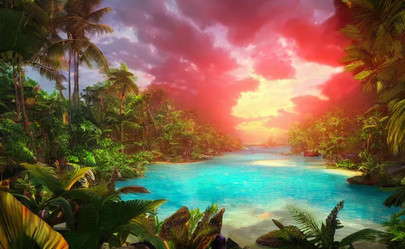 Image similar to a tropical resort in a jungle paradise, with a beautiful red and blue sunset, dynamic lighting, photorealistic fantasy concept art, trending on art station, stunning visuals, creative, cinematic, ultra detailed, ray tracing, sun rays, native tribes, wonderous waters, amazing detail