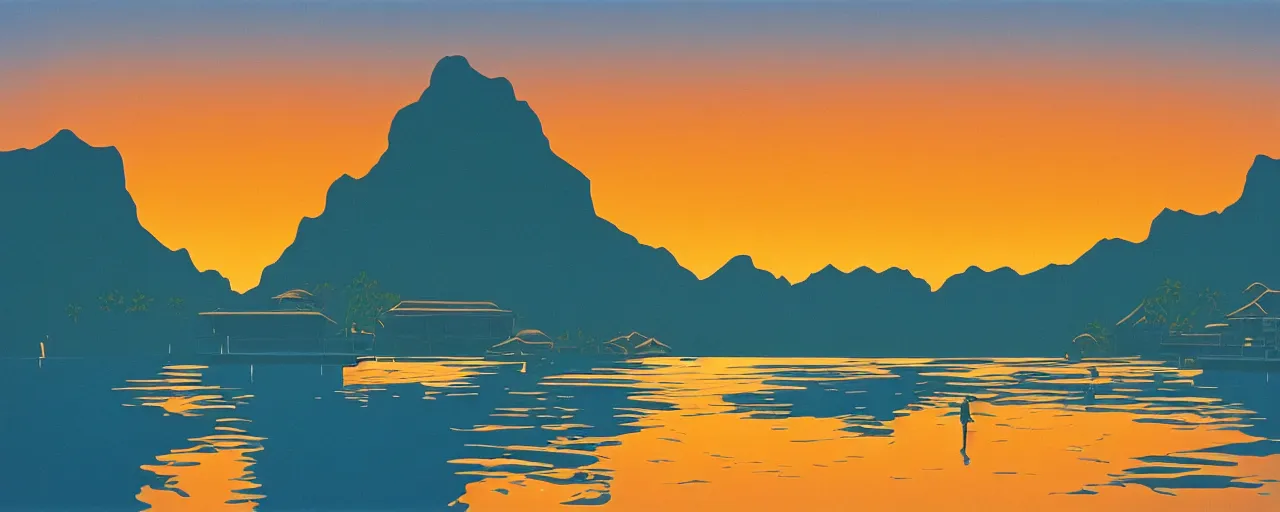 Prompt: serene bora bora landscape, golden hour, hiroshi nagai