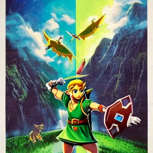 Prompt: 1980s movie poster for the legend of zelda ocarina of time