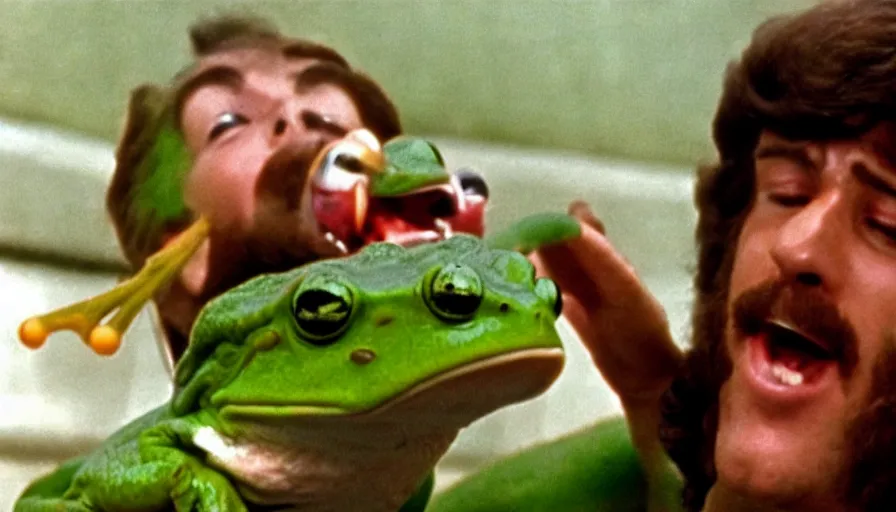 Image similar to 70s movie still of a man yelling with frog in the mouth, eastmancolor, heavy grain, high quality, higly detailed, liminal space