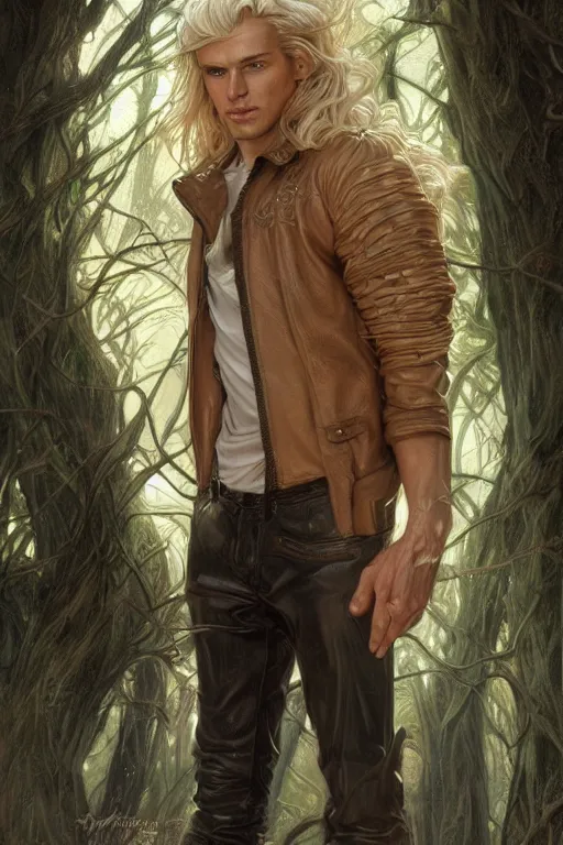 Prompt: portrait of a blonde herculian man in a leather - jacket, flowing hair, forest, full body, muscular, fantasy, intricate, elegant, highly detailed, digital painting, artstation, concept art, sharp focus, illustration, art by artgerm and greg rutkowski and alphonse mucha