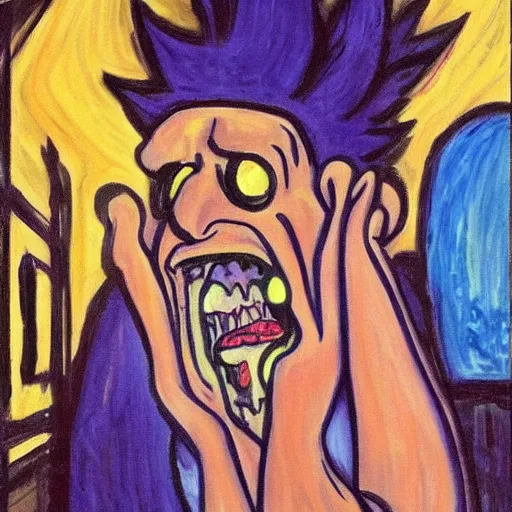 Prompt: rick sanchez from rick and morty in edward munch's scream painting