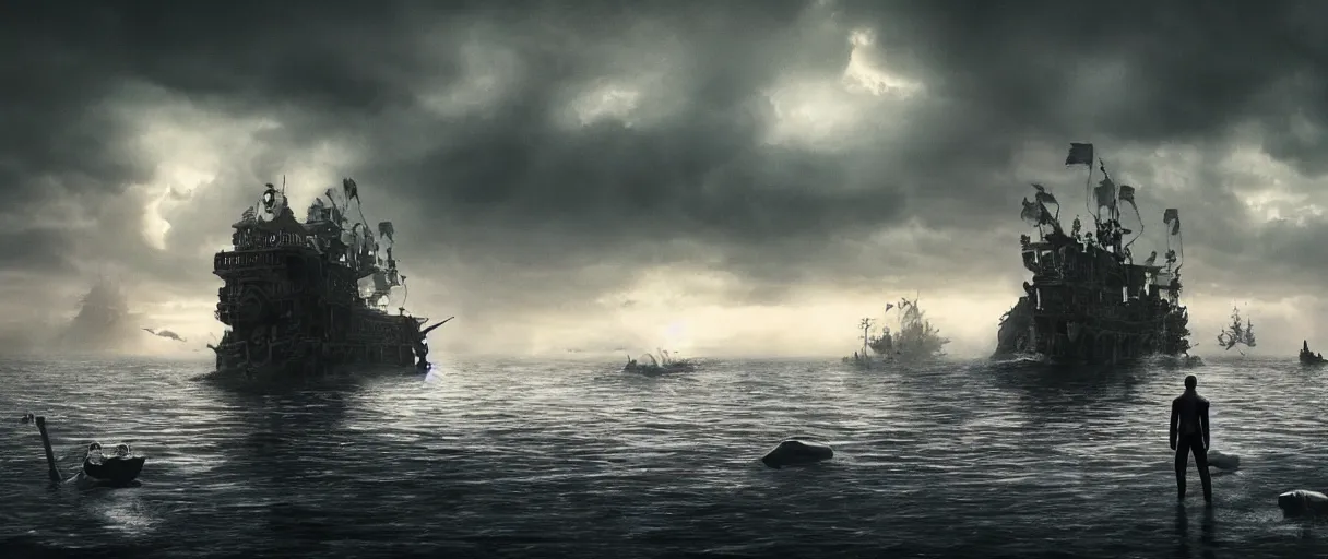 Image similar to a pirate standing on his ship a giant monster craft merging out of the water, beautiful dramatic moody lighting, cinematic atmosphere, high detail, 8k, ornate, dark fantasy, masterpiece, complex, film still from the movie directed by Denis Villeneuve with art direction by Gregory Crewdson, Joel Sternfeld