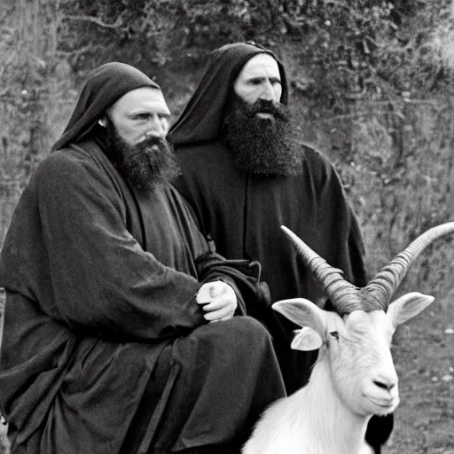 Image similar to photo of breton monks looking like rasputin, with a goat