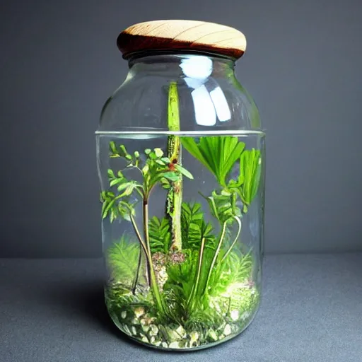 Prompt: a jar with a variety of beautiful plants inside, art