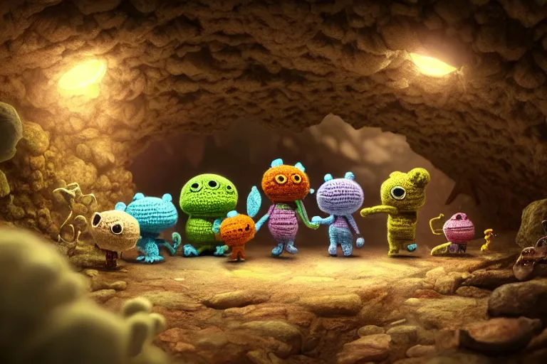 Image similar to an expedition of crochet cute monsters discovering a new cave underground. cute, illustration, digital art, inspired by little big planet, by greg rutkowski, detailed, sharp, masterpiece, highly detailed, photorealistic, octane render, 8 k, unreal engine 5, trending on artstation, vivid colors