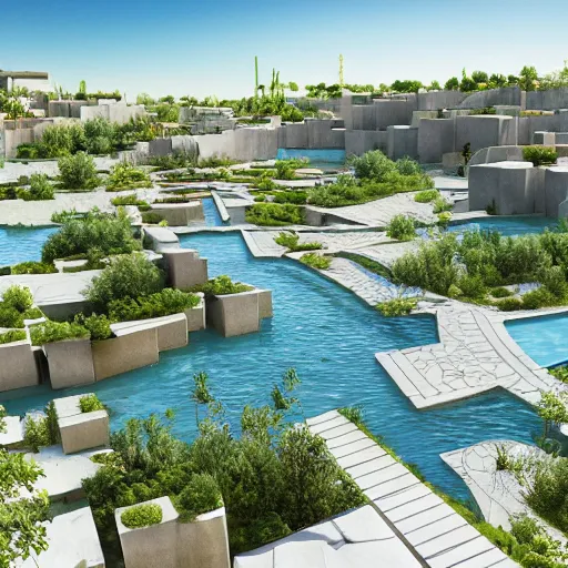 Image similar to architectural rendering of habitat 6 7 in the desert, biophilia mood, pool, garden, highly detailed, cinematic, photorealistic,