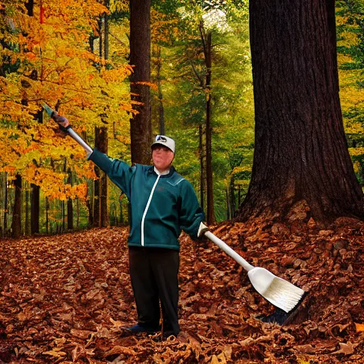 Prompt: closeup portrait of a cleaner with a huge rake in a fall forest, sports photography, by Neil Leifer and Steve McCurry and David Lazar, natural light, detailed face, CANON Eos C300, ƒ1.8, 35mm, 8K, medium-format print