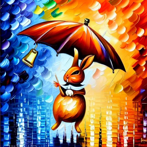 Image similar to rabbit with an umbrella in the rain looks at the pocket watch, by leonid afremov