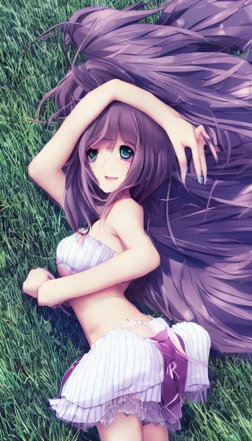 Prompt: cute anime character lying in a grass bed, realistic face, detailed face, detailed eyes, short miniskirt, lightly dressed, ultra detailed digital art, hyper real, detailed, ultra detailed, ground up angle, full body shot, wide angle