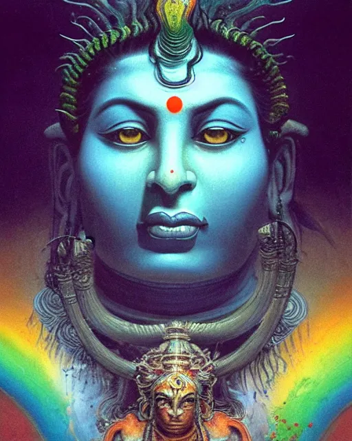 Image similar to One many-armed Shiva. Background in the colors of the rainbow. Drops of blood. High detail, hyperrealism, masterpiece, close-up, ceremonial portrait, solo, rich deep colors, realistic, art by Yoshitaka Amano, Ivan Aivazovsky, Giger