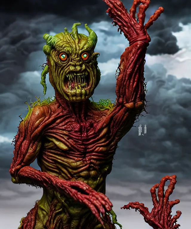 Prompt: hyperrealistic rendering, epic boss battle, cronenberg flesh monster overlord, by art of skinner and richard corben, product photography, collectible action figure, sofubi, hottoys, storm clouds, outside, lightning