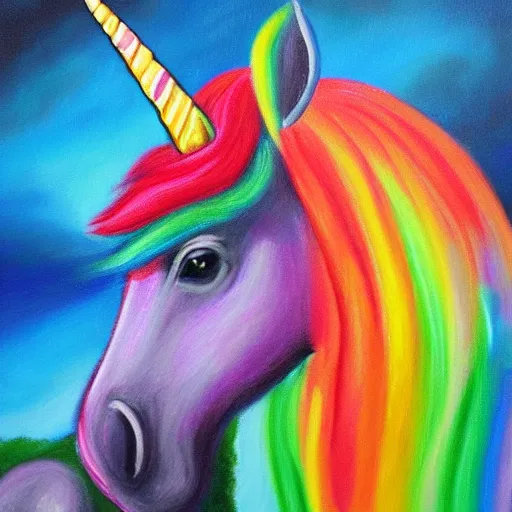 Prompt: rainbow sparkle unicorn, oil on canvas