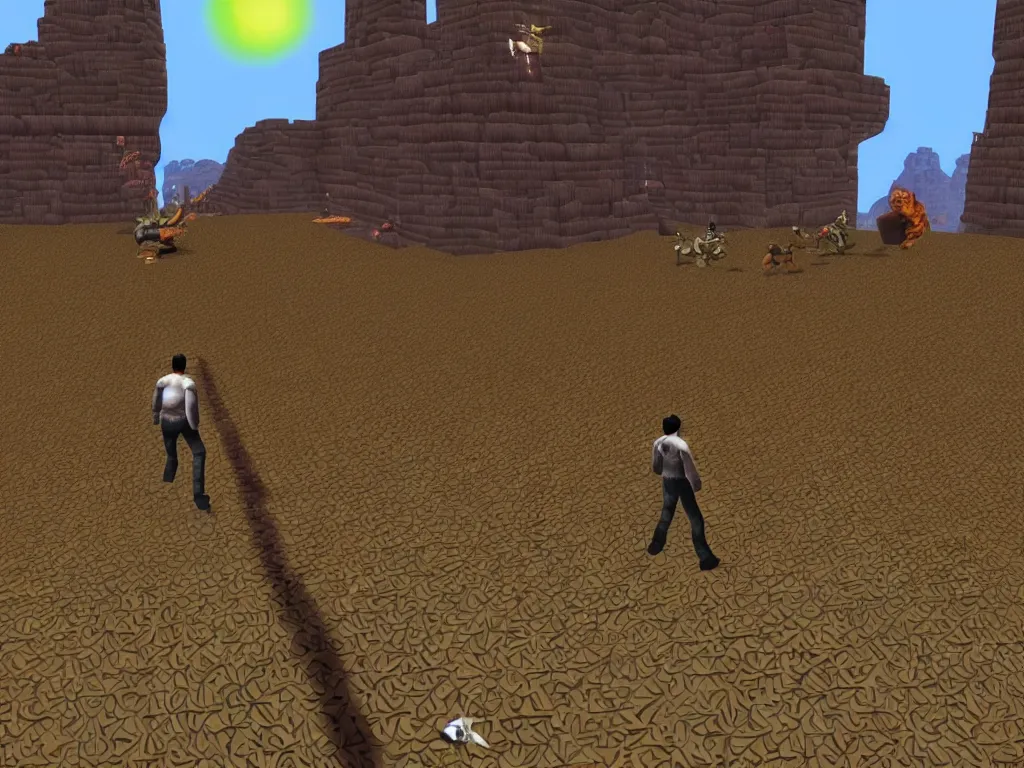 Image similar to PS1 game man walking in Alien Trilogy level, third person, PS1 game landscape