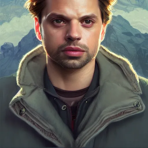 Image similar to portrait of Sebastian Stan, wide angle, intricate, wild, highly detailed, digital painting, artstation, concept art, smooth, sharp focus, illustration, art by artgerm and greg rutkowski and alphonse mucha - W 768