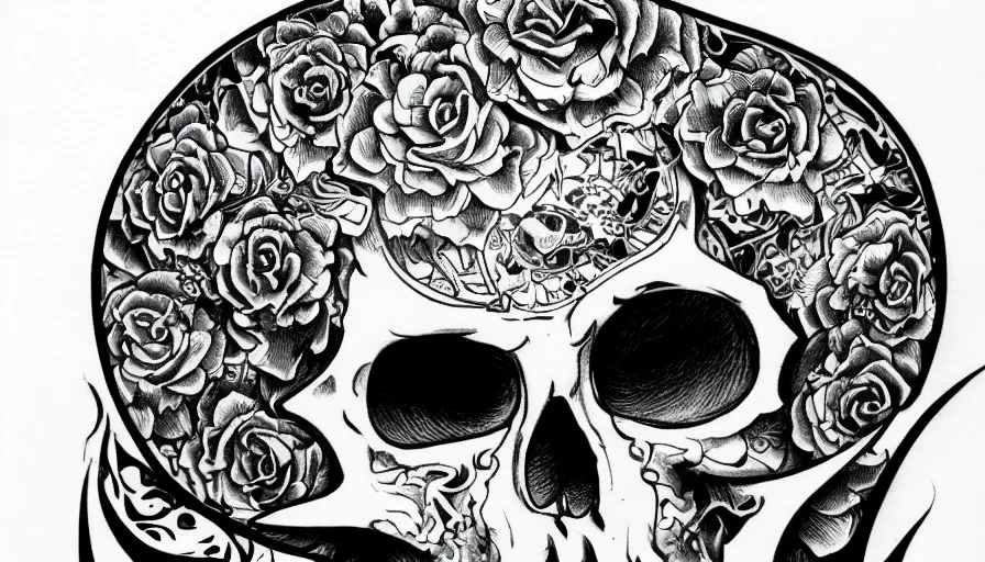 Image similar to highly detailed skull, Japanese ornament, tattoo ink sketch, isolated on white background